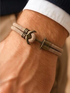 Men's Beige Rope Bracelet with Brass Anchor Clasp